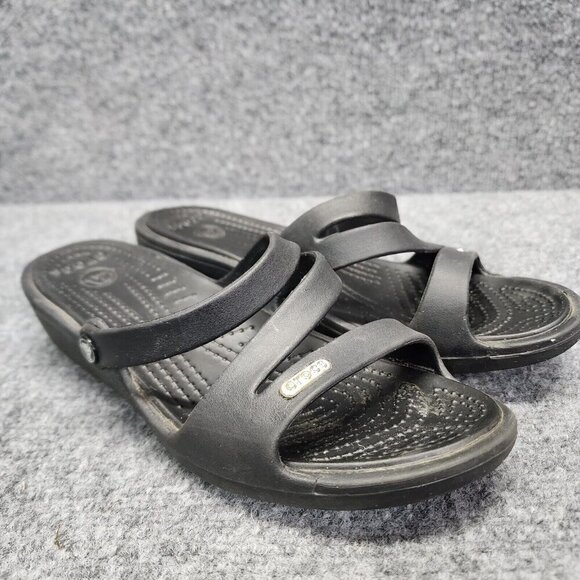 Crocs Patricia Black Foam Lightweight Strappy Wedge Slip On Sandals Sz 7 - Picture 1 of 11